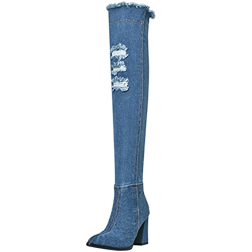 Agodor Women's Denim Thigh High Boots Cutout Over The Knee Blue Jean Boots