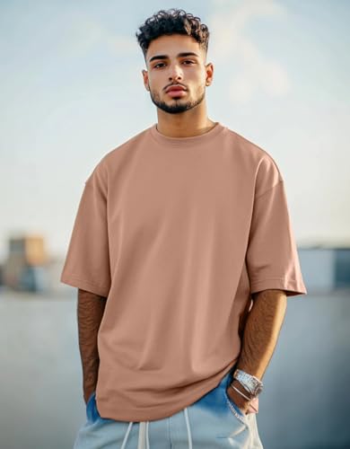 Image of Veirdo Oversized Baggy Fit Drop Shoulder Half Sleeves Round Neck Solid Pure 100% Cotton T-Shirt for Men (Available in White, Black, Mustard, Maroon, Green, Lilac, Navy, Red Color)