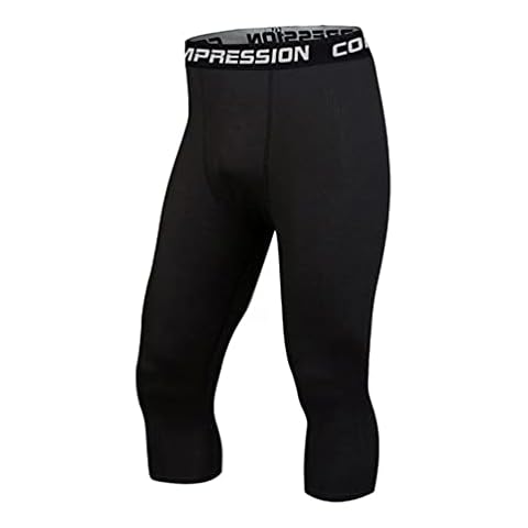 Junhouse Mens Cropped Compression Leggings 3/4 Running Tights Cool Dry Base Layer Bottom Sports Tights Workout Leggings for Gym Training Jogging Athletic (S,Black(adult)) Cover