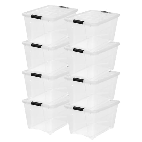 Image of IRIS USA 54 Qt Stackable Plastic Storage Bins with Lids, 8 Pack - BPA-Free, Made in USA - See-Through Organizing Solution, Latches, Durable Nestable Containers, Secure Pull Handle - Clear