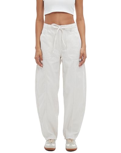 Image of Striped Pants Women Loose Mid Rise Stripe Barrel Jeans Casual Wide Leg Denim Trouser with Drawstring, Beige, Large