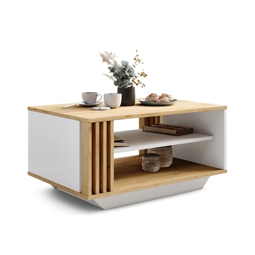 Viosimc Table Basse Moderne avec Lattes Décoratives en Bois et Étagère, Élégante Table...