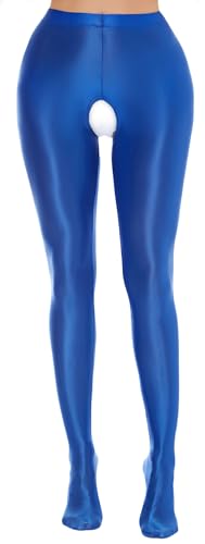 Image of FEOYA Women's Open Crotch Oil Shiny Pantyhose High Waist Control Top Silky Oily Crotchless Footed Tights Stockings