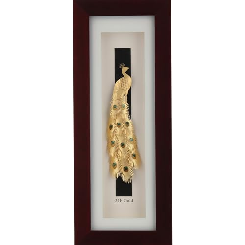 Image of Pk & Pk Jewellers Standing Colour Peacock | 24KT Gold Frame | Rosewood Frames Collection | Tabletop Medium Size [14x34.5 cm] (For Premium Luxury Gift, Home Decor, Table Decoration)Rectangular