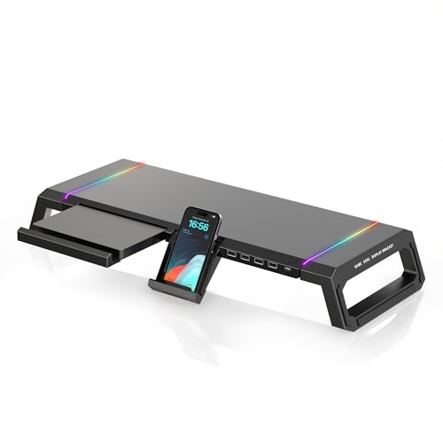 Sounce Multifunction Monitor & Laptop Stand with RGB Lighting, 4-Port USB Hub, and Aluminum Keyboard Storage Space Bar for Home Office and Desktop...