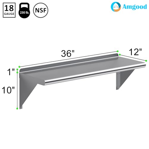 Image of AmGood 36 inch Long X 12 inch Deep Stainless Steel Wall Shelf | NSF Certified | Appliance & Equipment Metal Shelving | Kitchen, Restaurant, Garage, Laundry, Utility Room