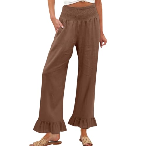 Image of Palazzo Pants for Women Linen Smocked Elastic Waist Ruffle Wide Leg Pants Summer Beach Flowy Boho Pant with Pockets