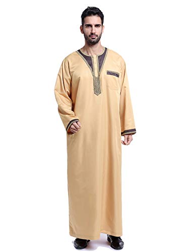HANYIMIDOO Men s Long Sleeves Crew Neck Robe Arab Islamic Muslim Dubai Thobe Costume (XX-Large, Light Yellow)