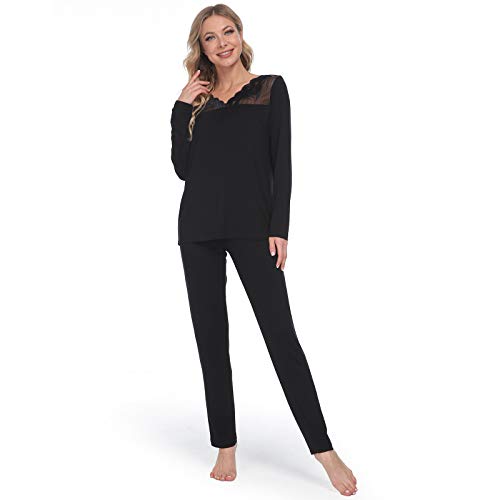 Mnemo Lace Schlafanzug für Damen Sexy Frauen Pyjama Set mit Hohler Spitze 2 Stück Weichem Lang Damen Nachtwäsche mit V-Ausschnitt Cover