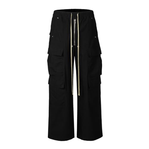 Ro Style Wide Leg Drawstring Black Cargo Pants Unisex Straight Baggy Overalls Men's Streetwear Loose Trousers