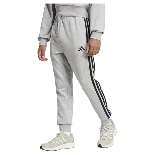 adidas Hombre Essential Three Stripes French Terry Pant, Medium Grey Heather/Black, M