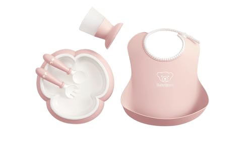 BabyBjörn Baby Dinner Set, 5 pcs, Powder pink Includes Baby Plate, Baby Fork, Baby Spoon, and Baby Cup Dishwasher Safe Toddler feeding set for...