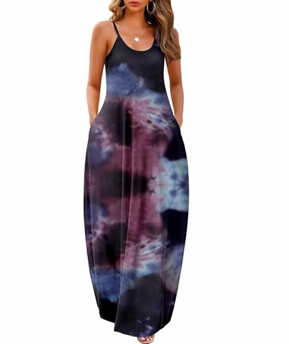 Wolddress Womens Casual Sleeveless Plus Size Loose Long Maxi Dress with Pocket Tie Dye Nebula Red0311, XX-Large