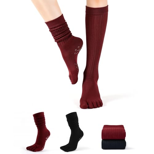 Image of Long Pilates Toe Socks for Women with Grips, Non-Slip Sticky Yoga Socks for Barre, Dance, Pilates Gifts (2 Pairs，Red /Black)