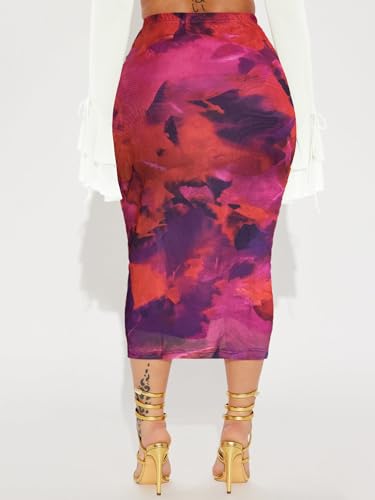 Women's Floral Print Mesh Long Skirt High Waisted Bodycon Pencil Maxi Skirts2