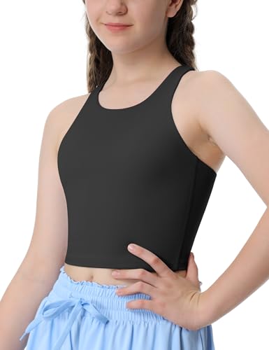 Girls Tank Tops Double Lined Crop Tops for Kids High Crew Neck Racerback Basic Sleeveless Dance Top for Girls