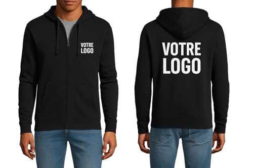 Veste zippée à capuche personnalisable – Sweat noir unisexe homme femme avec logo, prénom ou texte – Idée cadeau ou tenue d’entreprise (FR/ES, Alpha/lettres, S, Taille normale, Taille normale, NOIR)