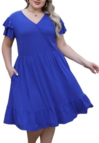 Image of Celkuser Plus Size Casual Wrap V-Neck Ruffle Short Sleeve Midi Dress for Curvy Women with Pocket Spring and Autumn Dress