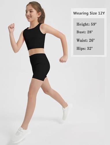 Image of EXARUS Girls 2 Piece Outfits Seamless Ribbed Cropped Tank Top Shorts Set | Teen Two Piece Outfit Tween Summer Dance Vacation Yoga Crew Neck Youth Athletic Workout Set Kids High Waist Elasticity 6-14Y