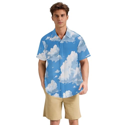 Chemise hawaïenne boutonnée au motif unique de nuages blancs sur fond bleu azur