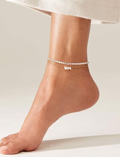 Image of Gold Initial Ankle Bracelets for Women 14K Gold Plated CZ heart Tennis Anklets for Women Waterproof Adjustable Initial Anklets Large Ankle Summer Beach Foot Jewelry