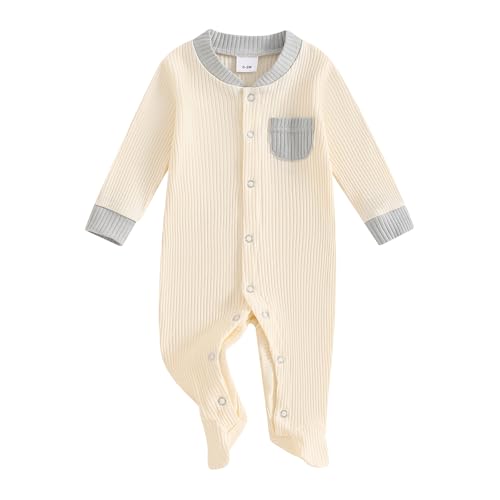 Image of Ursobutegl Newborn Baby Boy Girl Clothes Color Block Footies Romper Bodysuit Jumpsuit Button Footed Coming Home Outfits