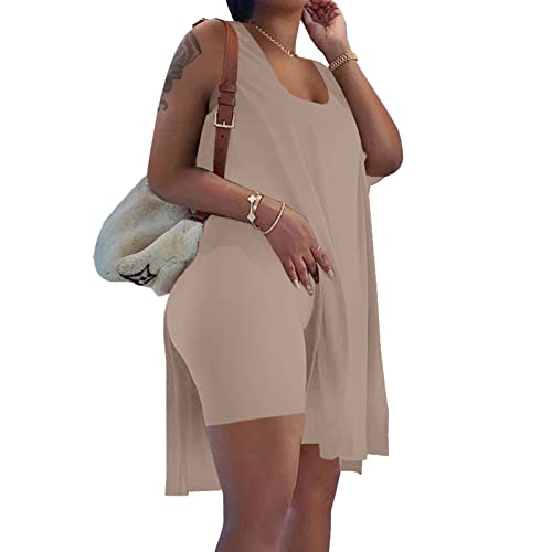 Axosy Women's Plus Size 2 Piece Outfits Sleeveless Tunic Tops And Bodycon Biker Shorts Sets Tracksuits Brown,Large #TOP5