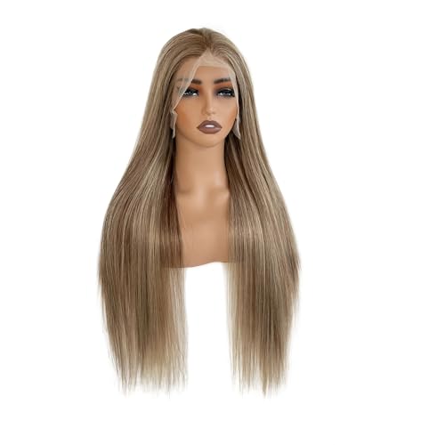 Image of Ombre Brown Highlights Human Hair Lace Front Wig for White Women Balayage Lace Frontal Pre Plucked Glueless Wigs with Brown Roots 22 Inch 13x6 Deep Parting Real Remy Wig 180% Density Tiny Knots