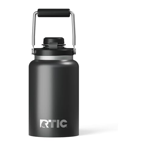RTIC Half Gallon Outback Jug, Stainless Steel, Insulated Water Bottle with Lid and Handle, BPA-Free, Double Wall Vacuum Insulation, Ceramic Lined, Black Cover
