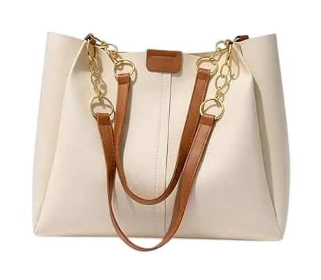 Image of KEALIN Women Stylish Cream Tote Bag with Double Chain Handles | Large Capacity Shoulder Handbag | PU Leather Office, Shopping & Travel Handbag for Women & Girls
