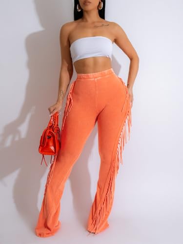 XZLUFNY High Waist Pants Women Tummy Control Retro Washed Figure Flattering Tassels Fringed Pants Orange M3