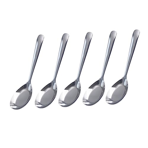SOLUSTRE 5pcs Portable Long Handle Stainless Steel Soup Spoons Flat Spoons for Porridge and Rice for Home Buffet and Outdoor Dining