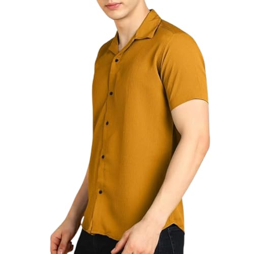Image of COMBRAIDED Men's Solid Cotton Blend Half Sleeve Shirt - Regular Fit Casual Button-Down Shirt for Office & Travel - Summer & Spring