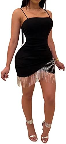Ekaliy Women's Bodycon Party Dresses Spaghetti Strap Ruched Club Dress Sequins Tassel Dress Clubwear Black Small