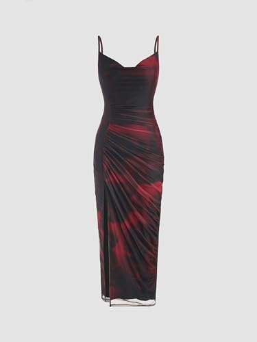 CIDER Mesh Cowl Neck Ruched Split Midi Dress2