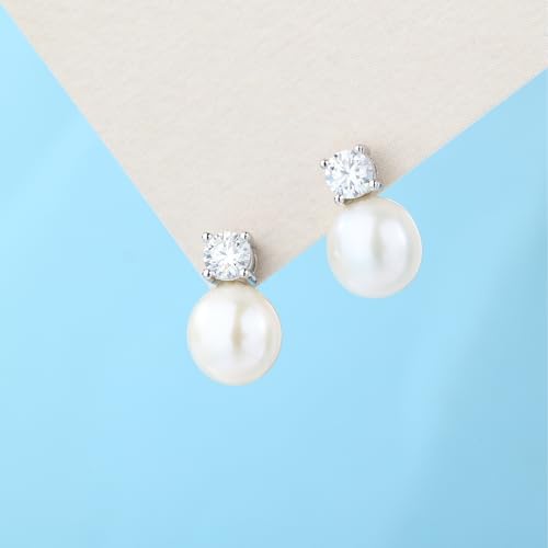 BREN Freshwater Pearl & Moissanite Earrings for Women, 925 Sterling Silver Moissanite Hypoallergenic Stud Earrings for Wedding Anniversary Jewerly Gifts for Women Wife Bride3