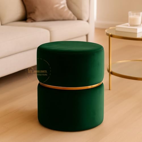 Image of JUMBO CRAFTS Wooden Puffy Round Footstool - Ottoman Stool for Living Room Furniture Round Ottoman - Sitting Pouffe Ottoman Stool /Room Dcor /Office Stool - Green