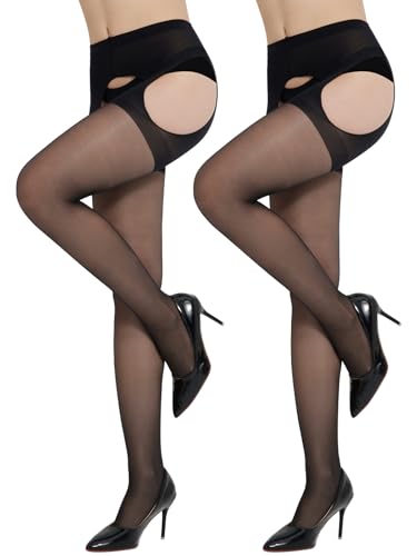 2 Pairs Suspender Pantyhose for Women- 30D Sheer Garter Belt Tights Sexy Suspender Tights Thigh High Stockings