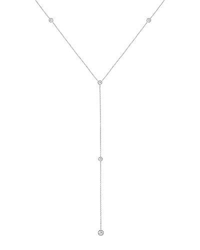 Miniatura 2 de 14K White Gold Lariat Necklace With Y-Style Round White Topaz 18 Inches