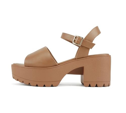 Image of Soda inchStacie inch ~ Women Open Toe Lug Sole Mid Block Heeled Sandals with Adjustable Ankle Strap