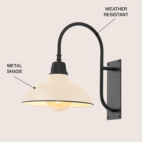 Image of JONATHAN Y 12.25 inch Matte Almond /Black 1-Light Farmhouse Gooseneck Outdoor Wall Sconce Lamp, with Black Metal Bowl Shade, Industrial Iron LED Porch Light for Patio Garage Entryway (JYL7614J)