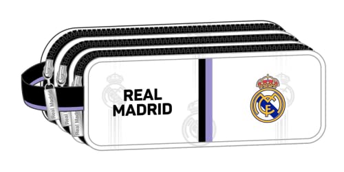 Safta, Estuche Triple Cremallera de Real Madrid 1ª Equipación 22/23, 210x70x85 mm Unisex niños, Negra y blanca, Estándar Cover