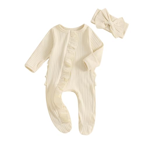 Image of Ayalinggo Newborn Baby Girl Fall Winter Outfits Clothes Knit Jumpsuit Ruffle Romper Newborn Coming Home Outfit for Baby Girl