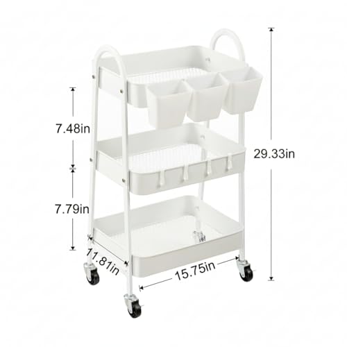 danpinera 3-Tier Rolling Cart, Utility Cart Mobile Metal Rolling Storage Cart with Lockable Wheels & Hanging Cups & Hooks for Kitchen, Bathroom, Office, Workshop, White