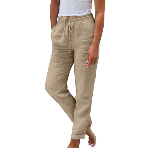 Womens Fashion Linen Pants Casual Straight Leg Drawstring Loose Lightweight Trousers with Pockets