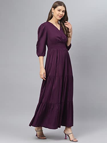 Image of Femvy Women's Fit and Flare Maxi Dress Rayon 3 /4 Sleeve Solid V-Neck Evening Dress 751