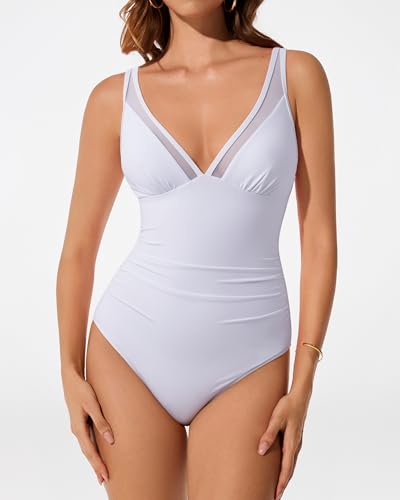 RXRXCOCO Women Sexy Mesh Tummy Control One Piece Swimsuit Ruched Slimming Shapewear Bathing Suit Lace Up Back Swimwear White X-Large — view 3