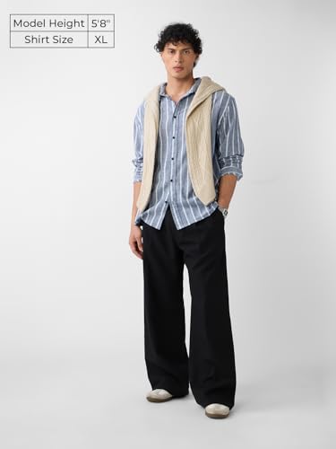 Image of The Souled Store Cotton Linen Stripes: Apricot Men and Boys Long Sleeves Collared Neck Orange Stripes Regular Fit Lightweight Comfortable Summer Cotton Linen Shirts