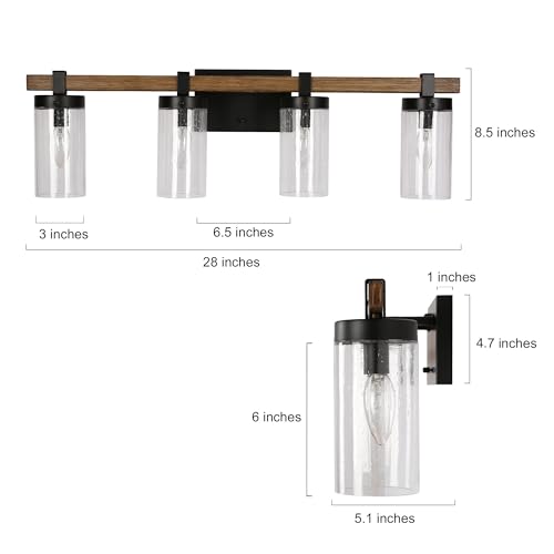 Image of Farmhouse Bathroom Vanity Light Fixtures, 4-Light Large Faux Wood Bathroom Lights Over Mirror, 28 inch Rustic Vanity Lights for Bathroom with Seeded Glass Shade