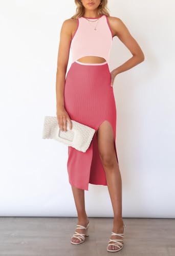 Image of Cutiefox Women's Sleeveless Cut Out Side Slit Ribbed Knit Bodycon Tank Midi Dress